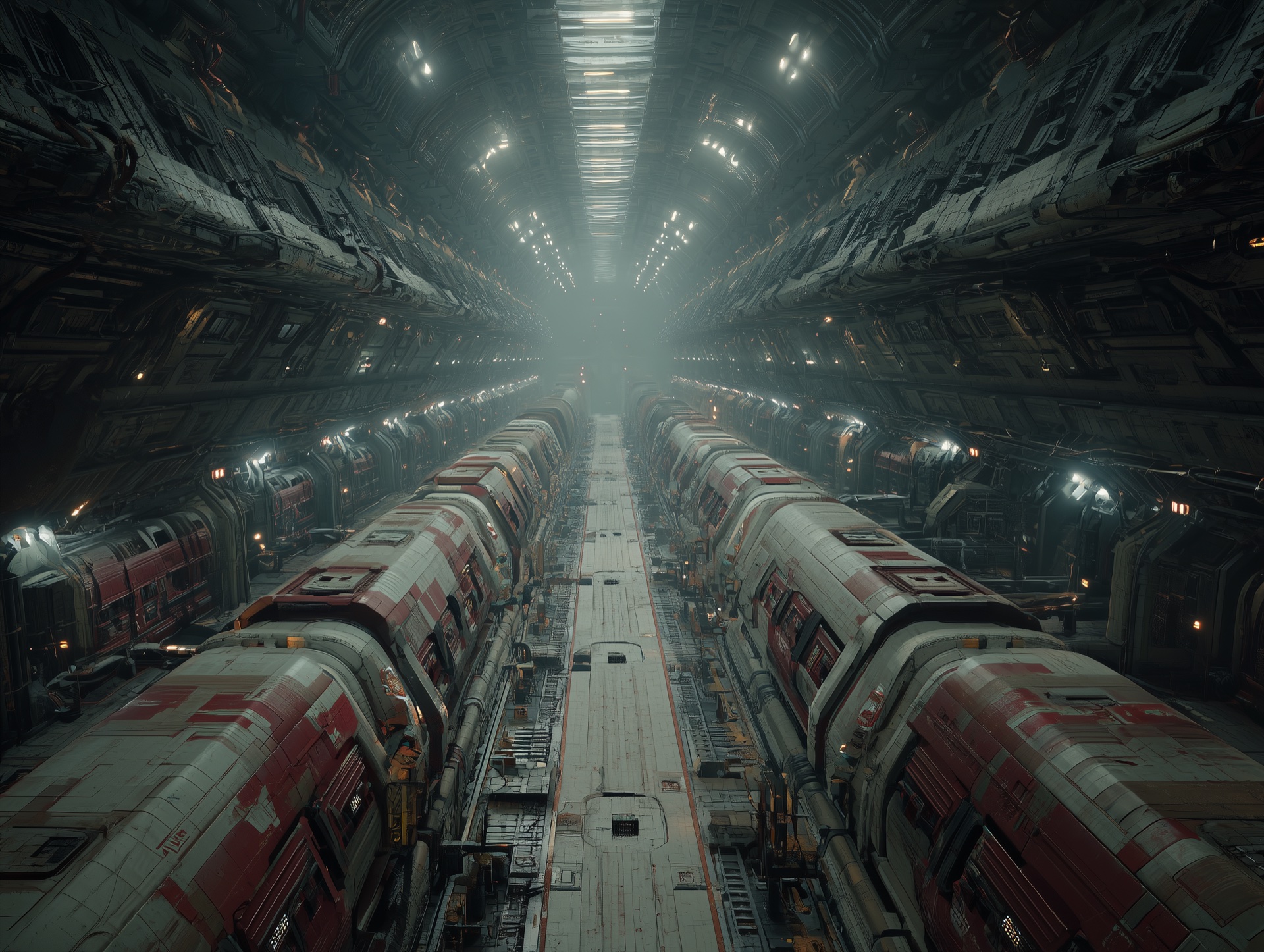 The vast interior corridor of a generational ship, sealed and decaying