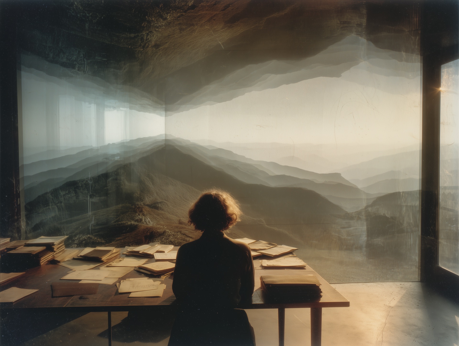 A researcher sitting at a desk in a sparse station, staring out at a landscape layered with depth