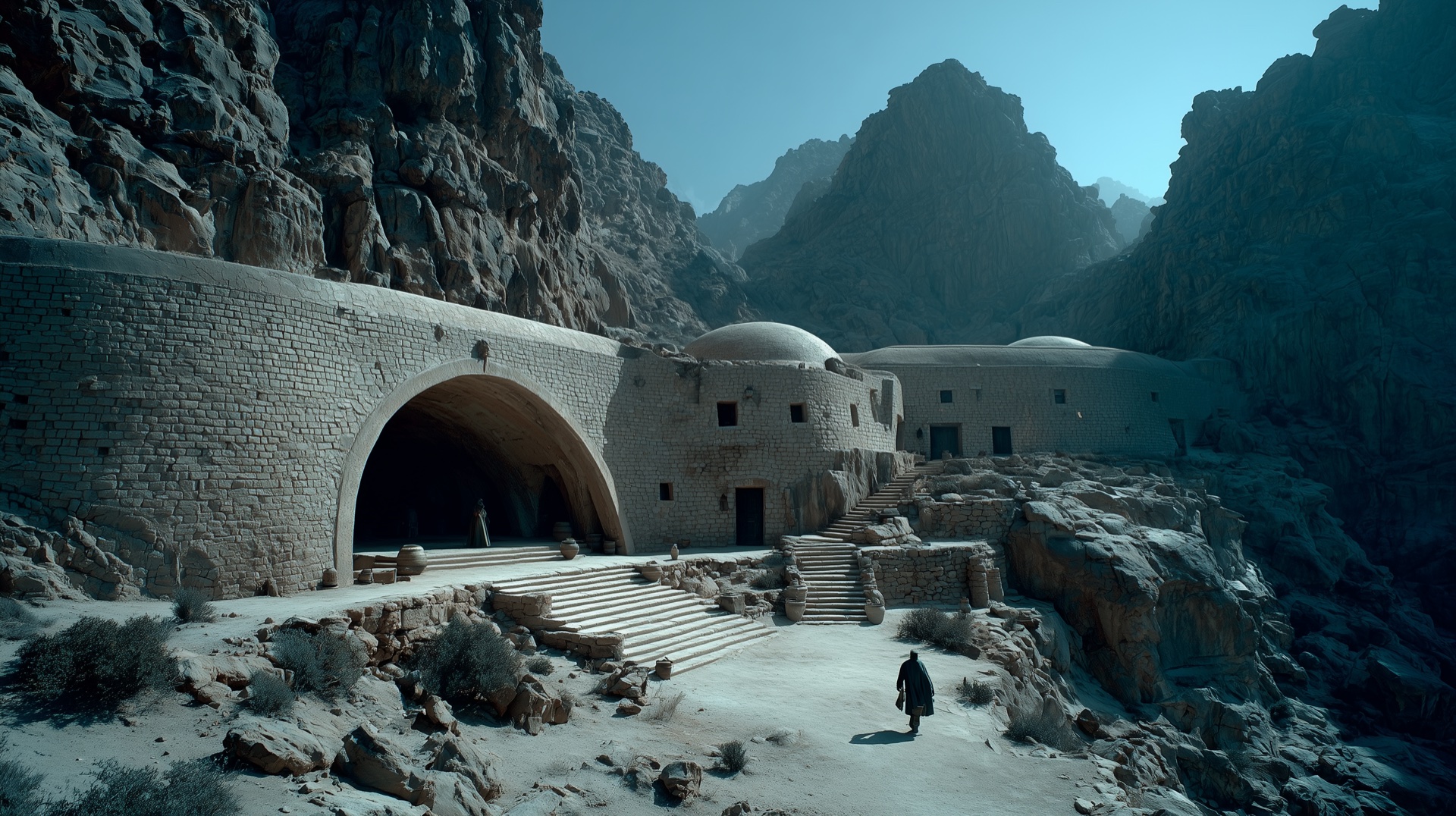 Squat stone settlement on Crae, heavy gravity world under flat white light