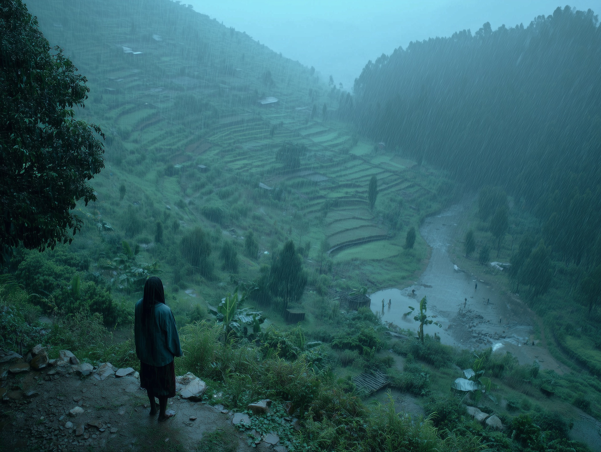 A woman standing on bluffs above a green terraced valley in the rain