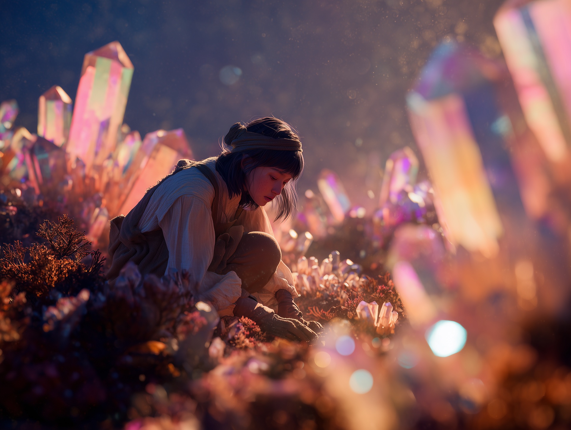 A child kneeling among crystal hedges blooming in colors at the edge of perception