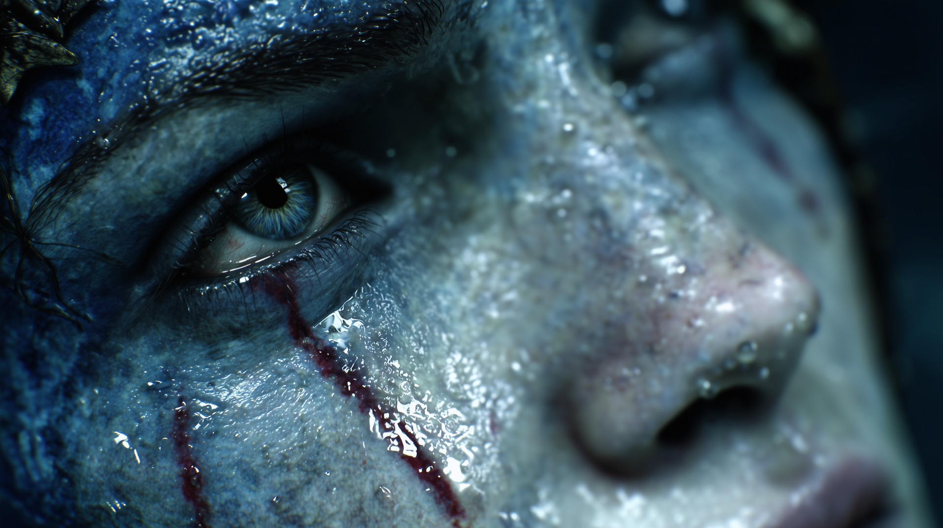 A woman with gill slits along her ribcage, dark wide eyes adapted for bioluminescence