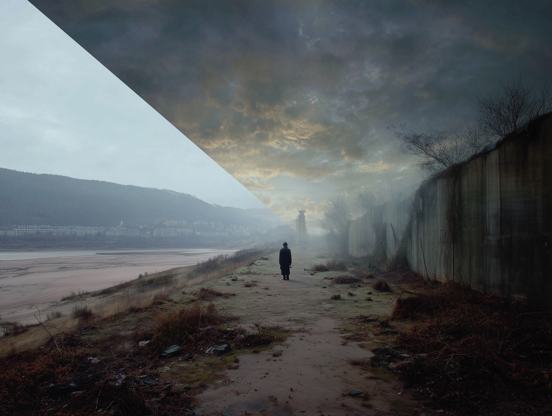 A figure standing at the boundary between two versions of reality, the world split diagonally